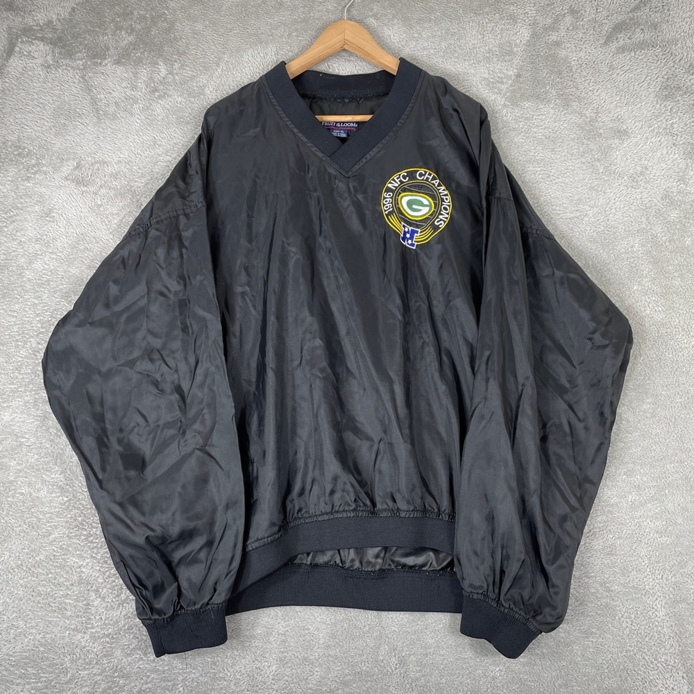 Vintage Green Bay Packers Windbreaker Mens XL Black 1996 NFC Champions Pullover